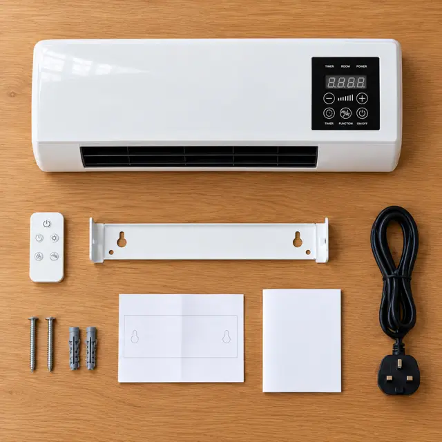 What's in the WarmFall box: heater, bracket, remote, plug and screws