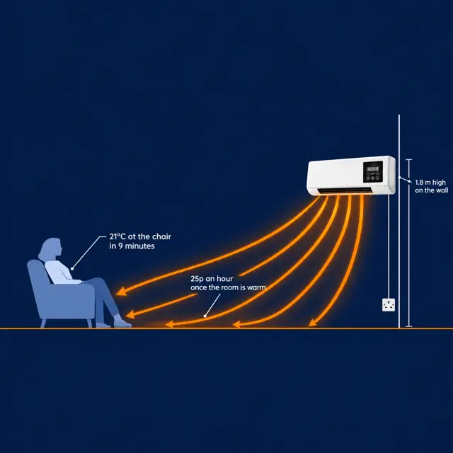 Diagram: WarmFall mounted 1.8m high blowing warm air down to a person in a chair