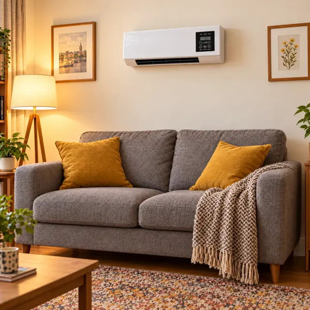 WarmFall fitted above a sofa in a UK living room