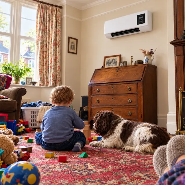 WarmFall wall heater in a family room with a child and dog