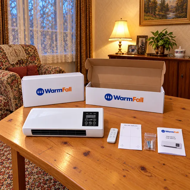 WarmFall unboxed with remote, template, fixings and manual